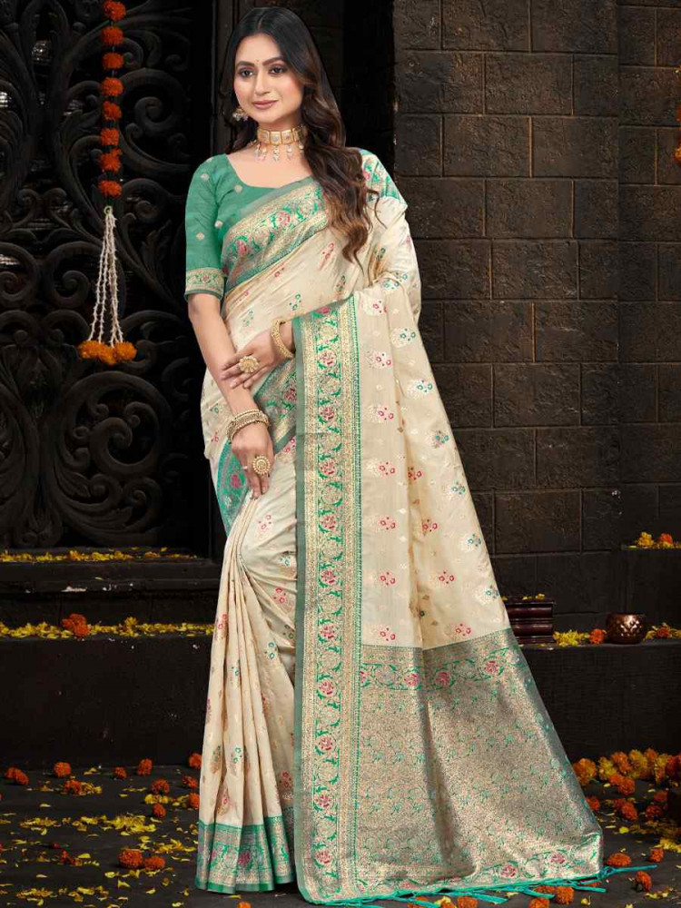 Image of Cream Silk Handwoven Festival Wedding Fancy Heavy Border Saree