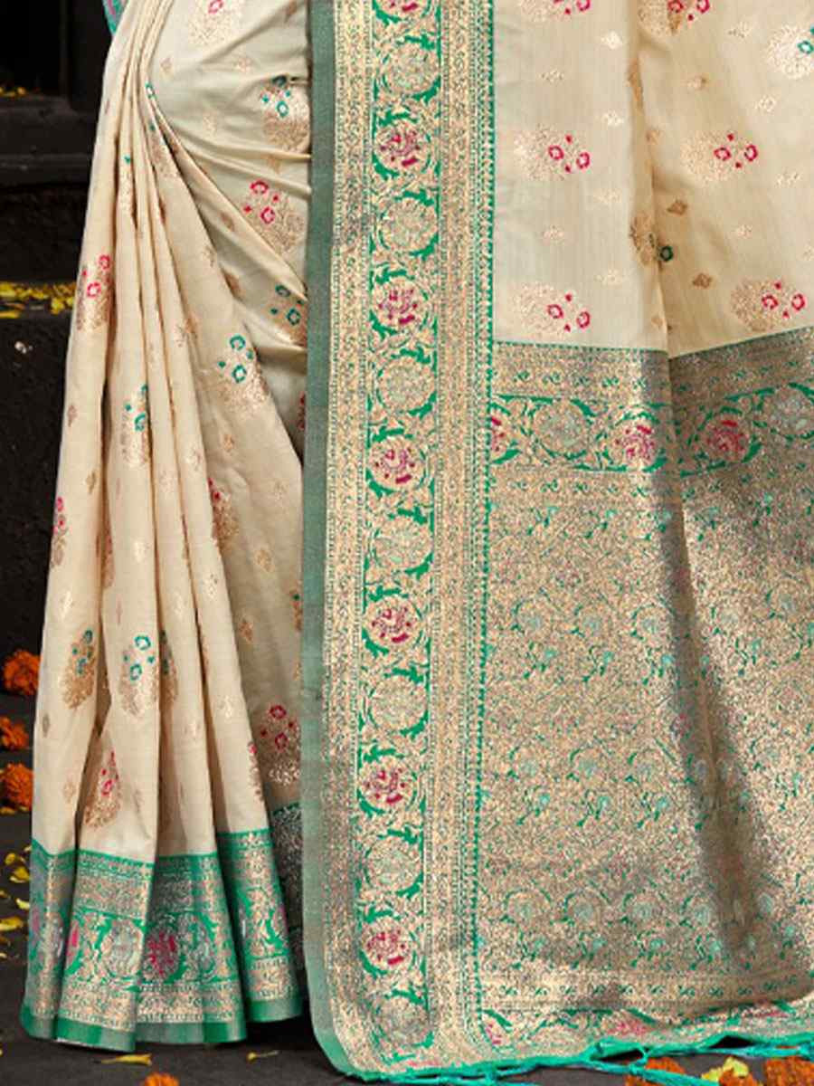 Cream Silk Handwoven Festival Wedding Fancy Heavy Border Saree
