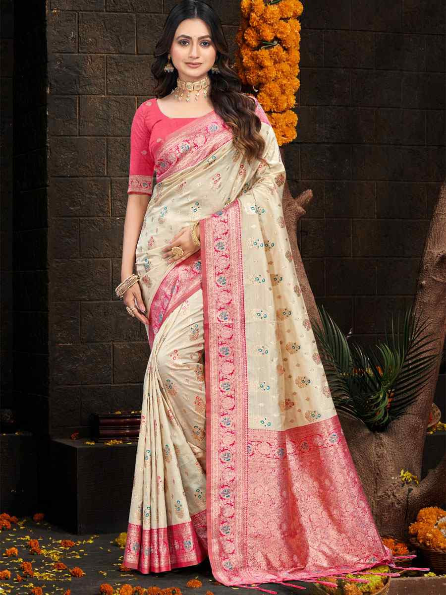 Cream Silk Handwoven Festival Wedding Fancy Heavy Border Saree