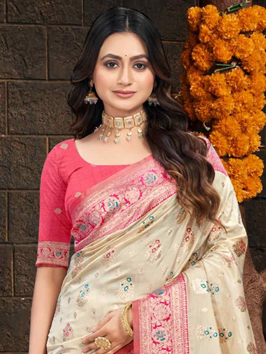 Cream Silk Handwoven Festival Wedding Fancy Heavy Border Saree