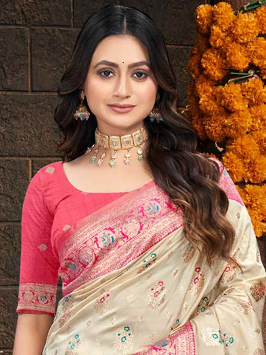 Cream Silk Handwoven Festival Wedding Fancy Heavy Border Saree