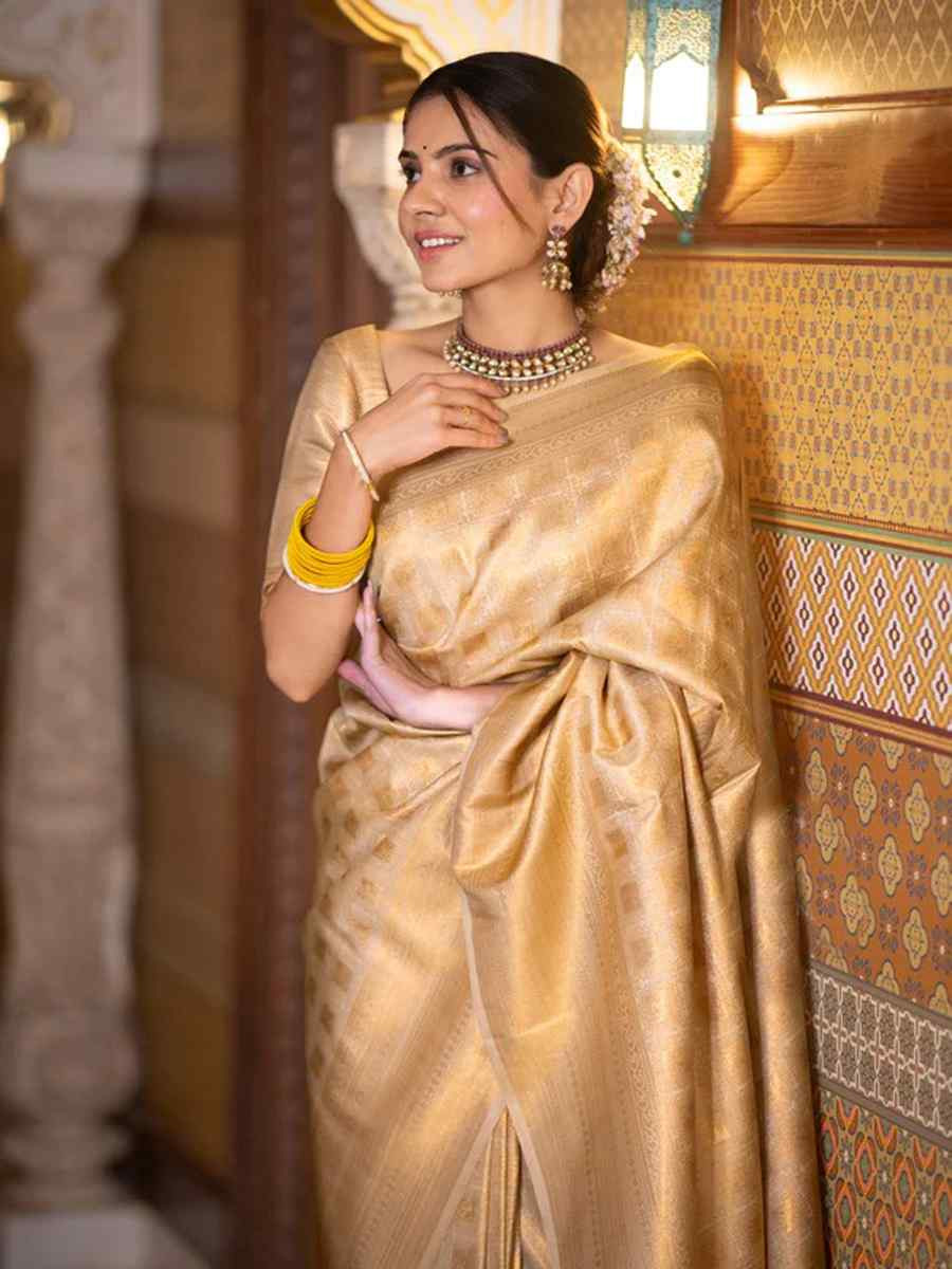 Cream Silk Handwoven Festival Wedding Fancy Heavy Border Saree