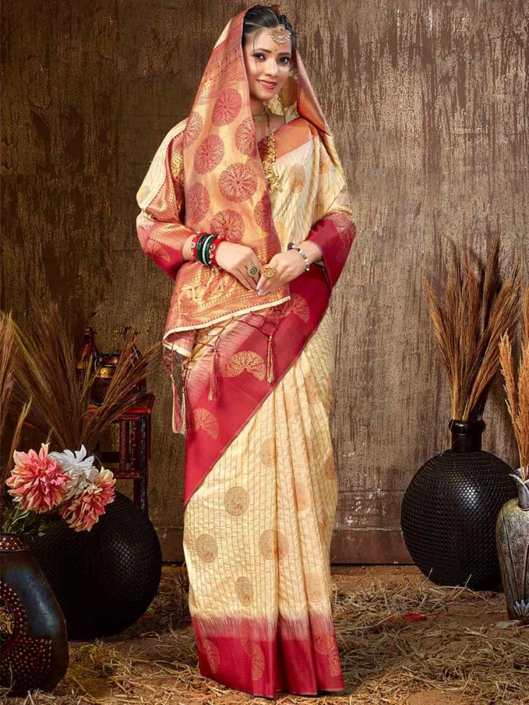 Cream Silk Handwoven Wedding Festival Heavy Border Saree
