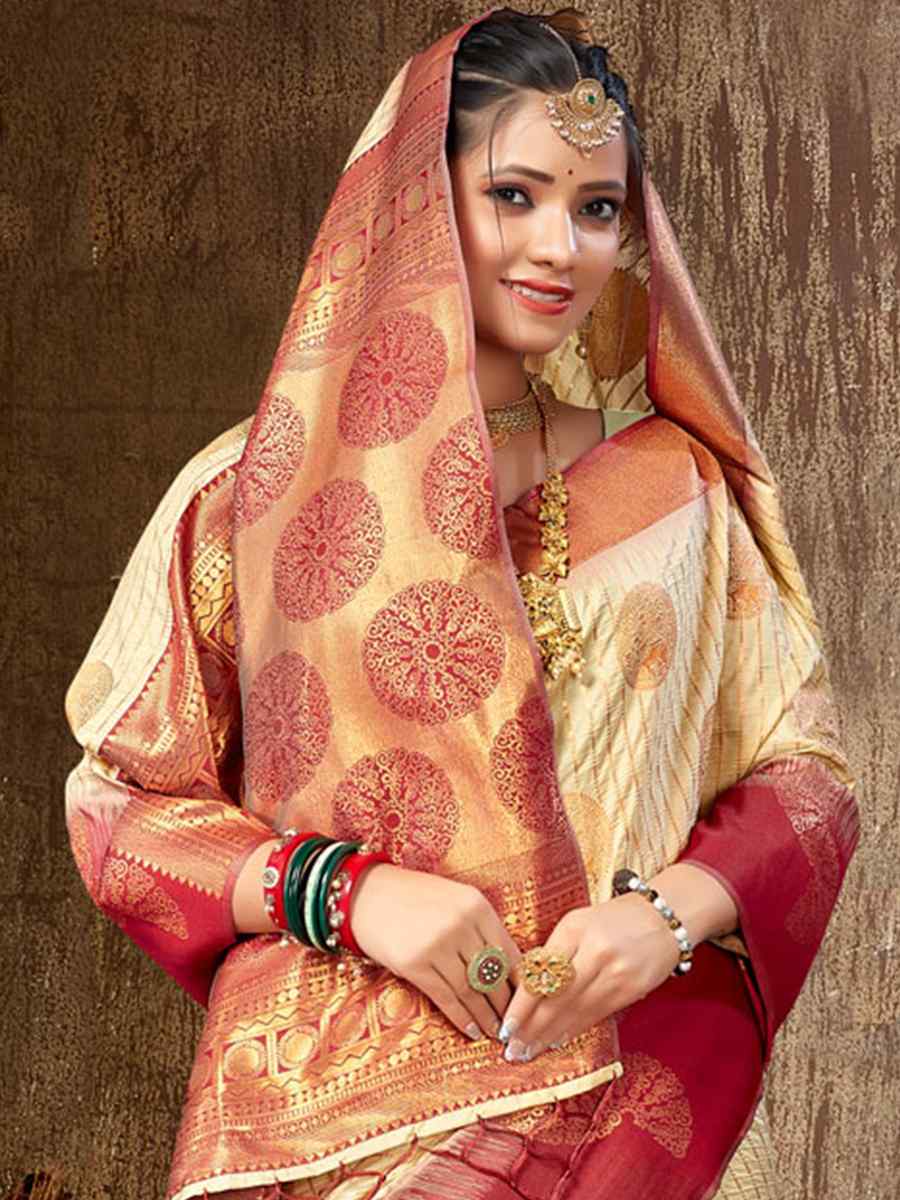 Cream Silk Handwoven Wedding Festival Heavy Border Saree