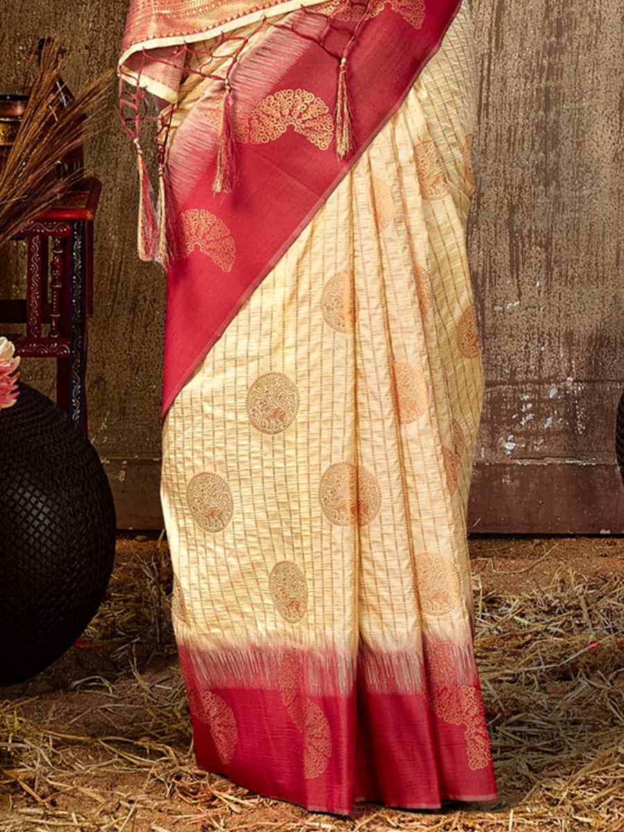 Cream Silk Handwoven Wedding Festival Heavy Border Saree