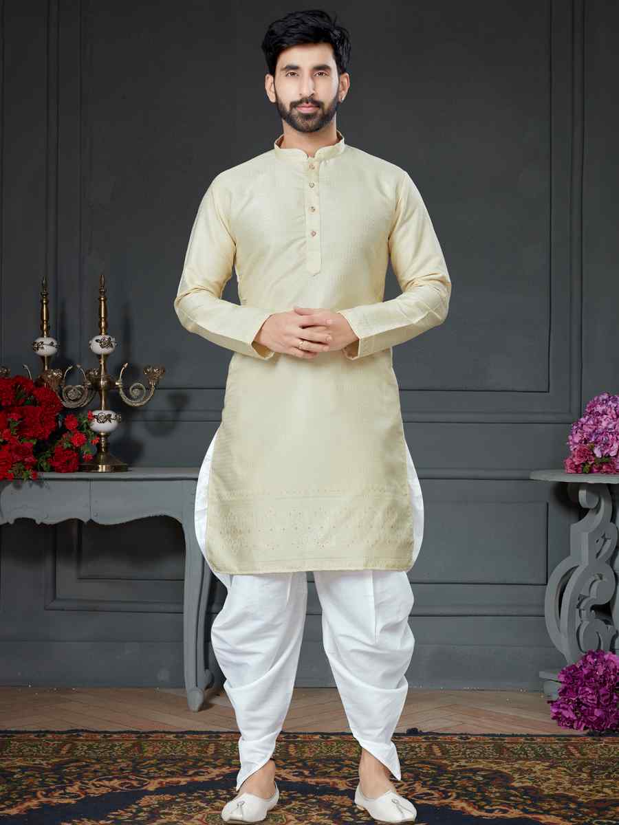 Cream Silk Jacquard Woven Festival Kurta