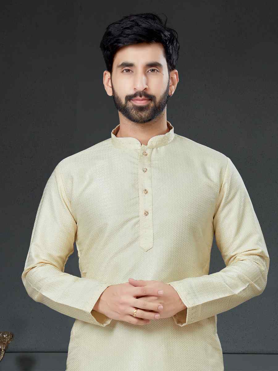 Cream Silk Jacquard Woven Festival Kurta