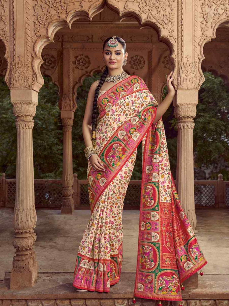 Image of Cream Silk Kalamkari Printed Festival Wedding Fancy Heavy Border Saree