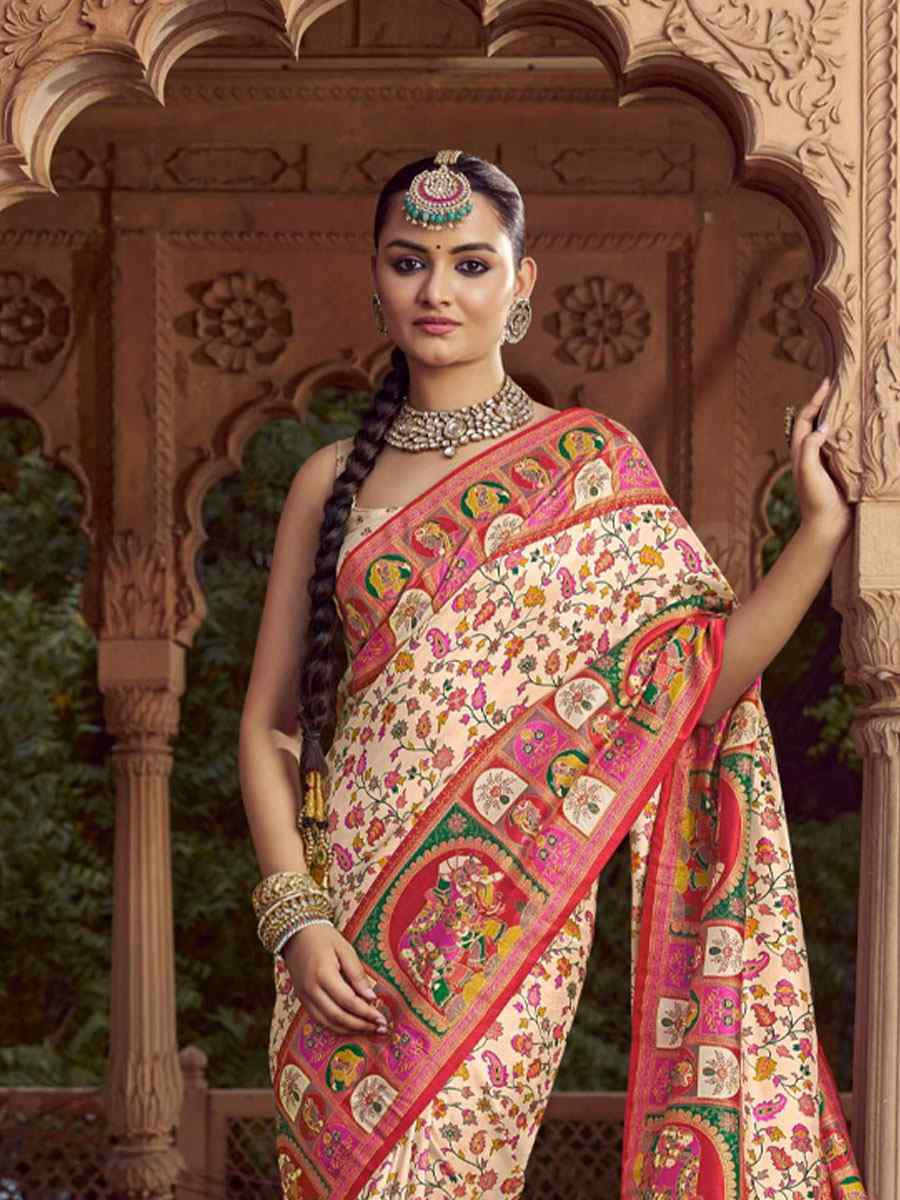Cream Silk Kalamkari Printed Festival Wedding Fancy Heavy Border Saree
