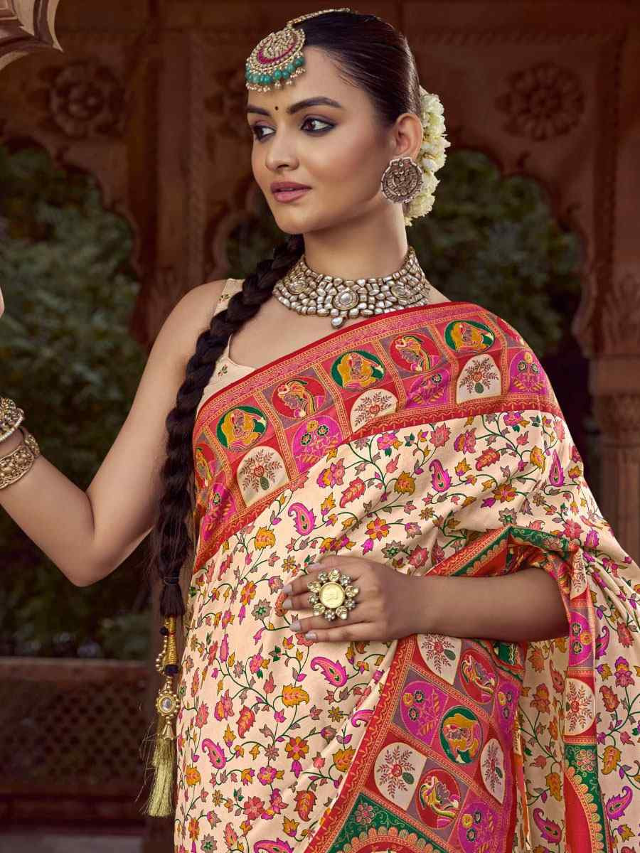 Cream Silk Kalamkari Printed Festival Wedding Fancy Heavy Border Saree