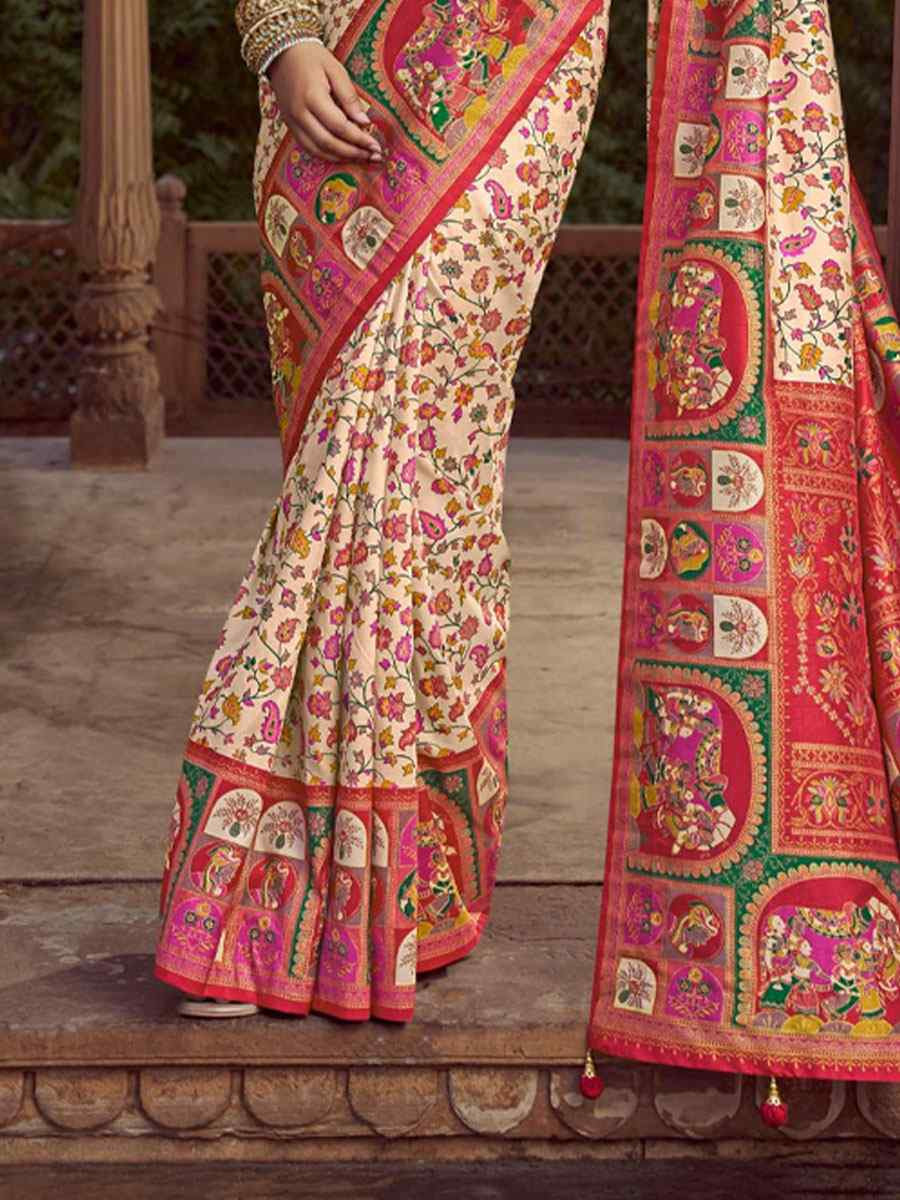 Cream Silk Kalamkari Printed Festival Wedding Fancy Heavy Border Saree