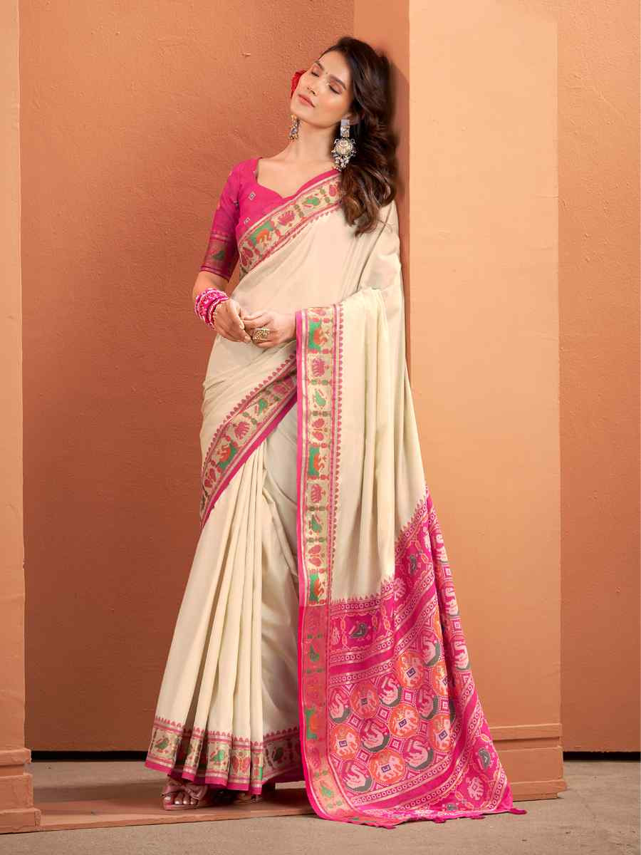 Cream Silk Patola Handwoven Traditional Bridal Reception Festival Wedding Fancy Heavy Border Saree