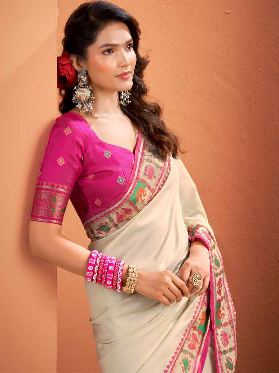 Cream Silk Patola Handwoven Traditional Bridal Reception Festival Wedding Fancy Heavy Border Saree