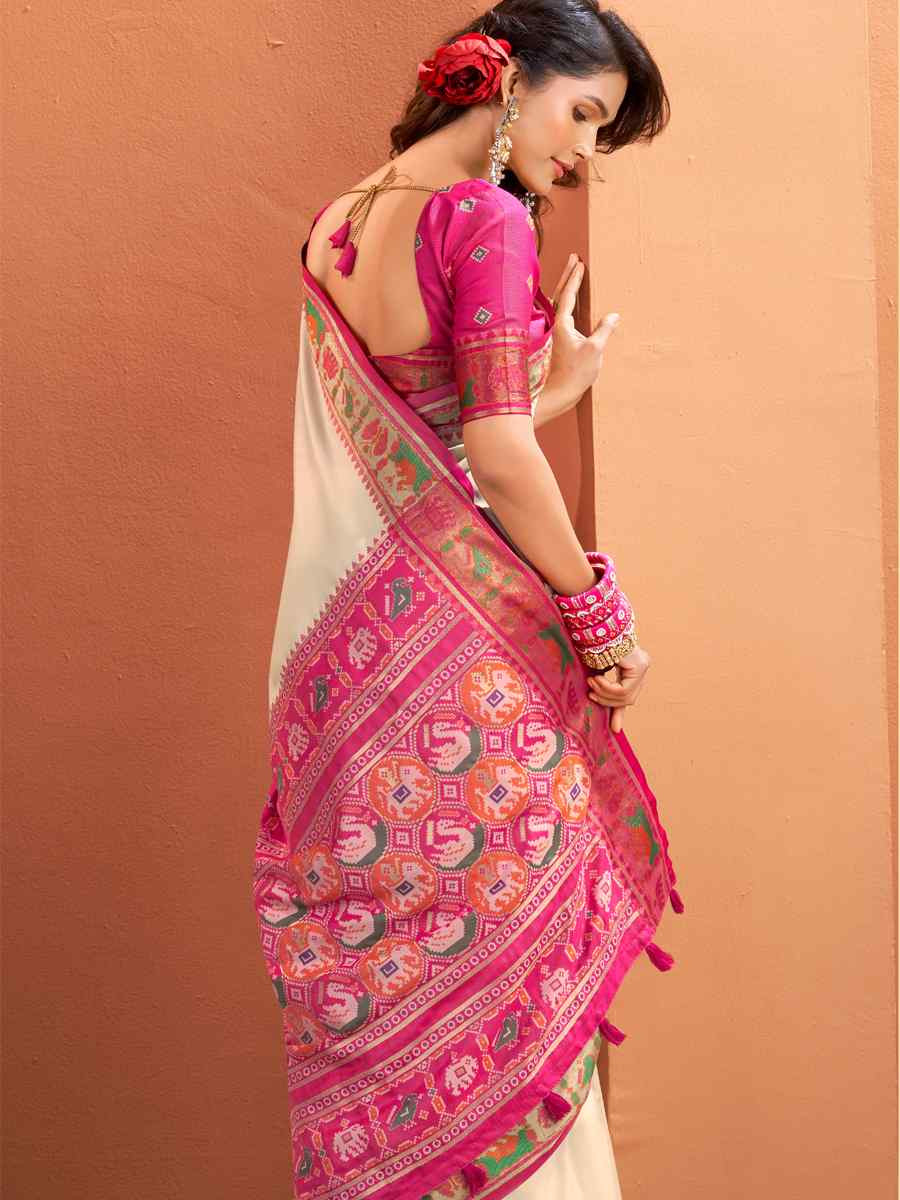 Cream Silk Patola Handwoven Traditional Bridal Reception Festival Wedding Fancy Heavy Border Saree