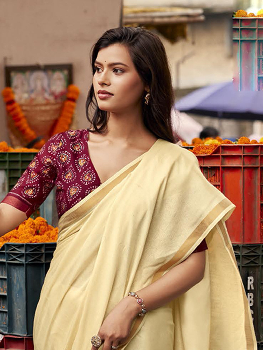 Cream Silk Plain Casual Party Festival Wedding Fancy Classic Style Sarees