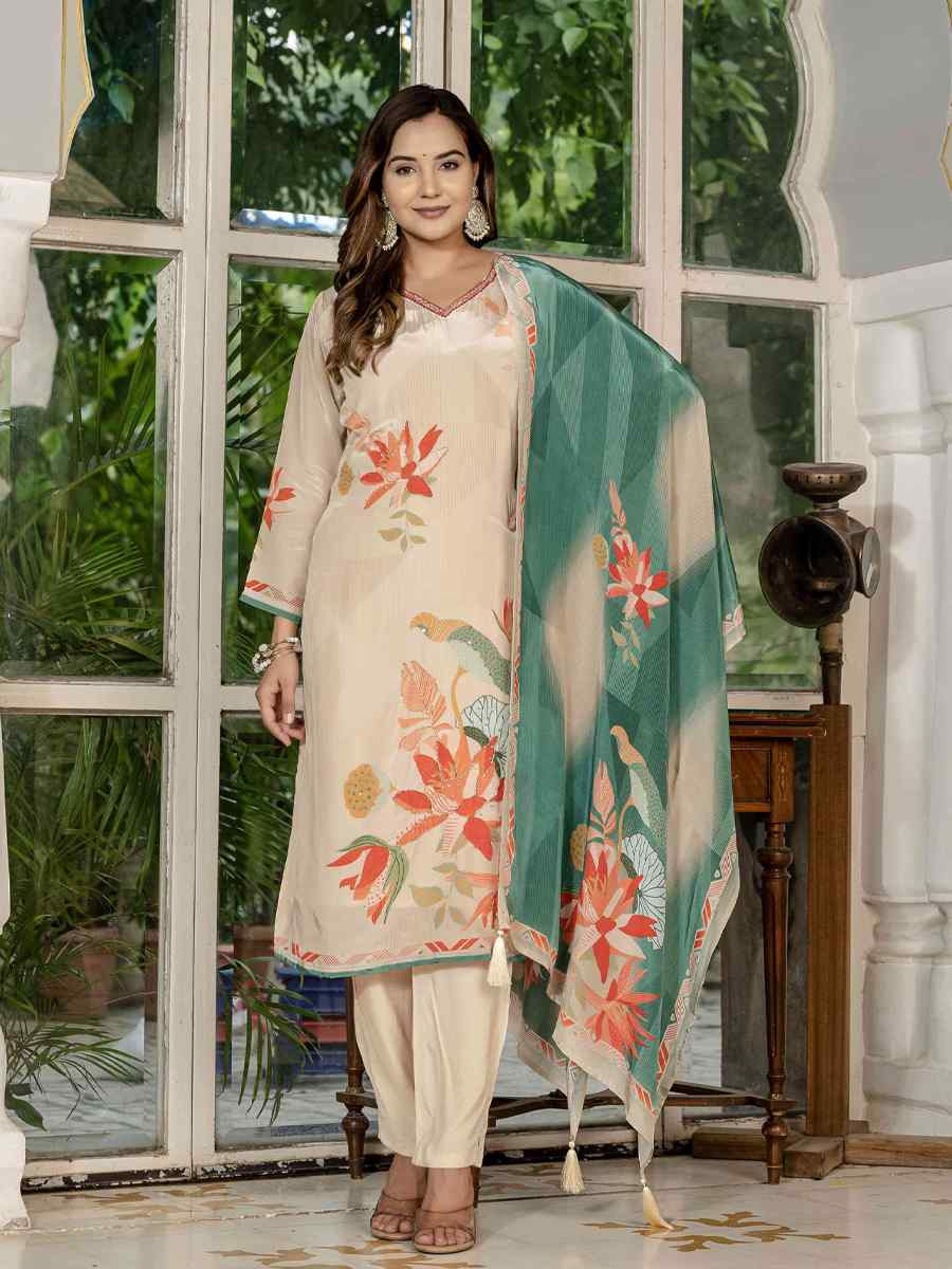 Cream Silk Printed Embroidery Party Wedding Festival Casual Ready Pant Salwar Kameez