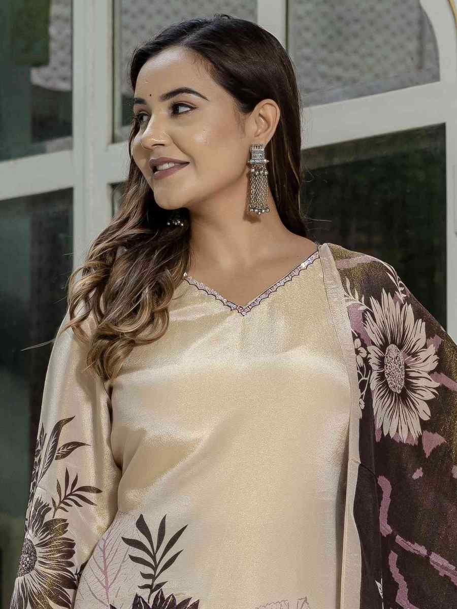 Cream Silk Printed Embroidery Party Wedding Festival Casual Ready Pant Salwar Kameez