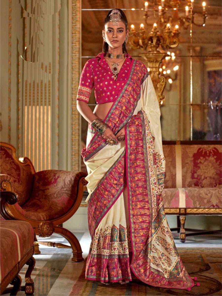 Image of Cream Silk Printed Festival Wedding Fancy Heavy Border Saree