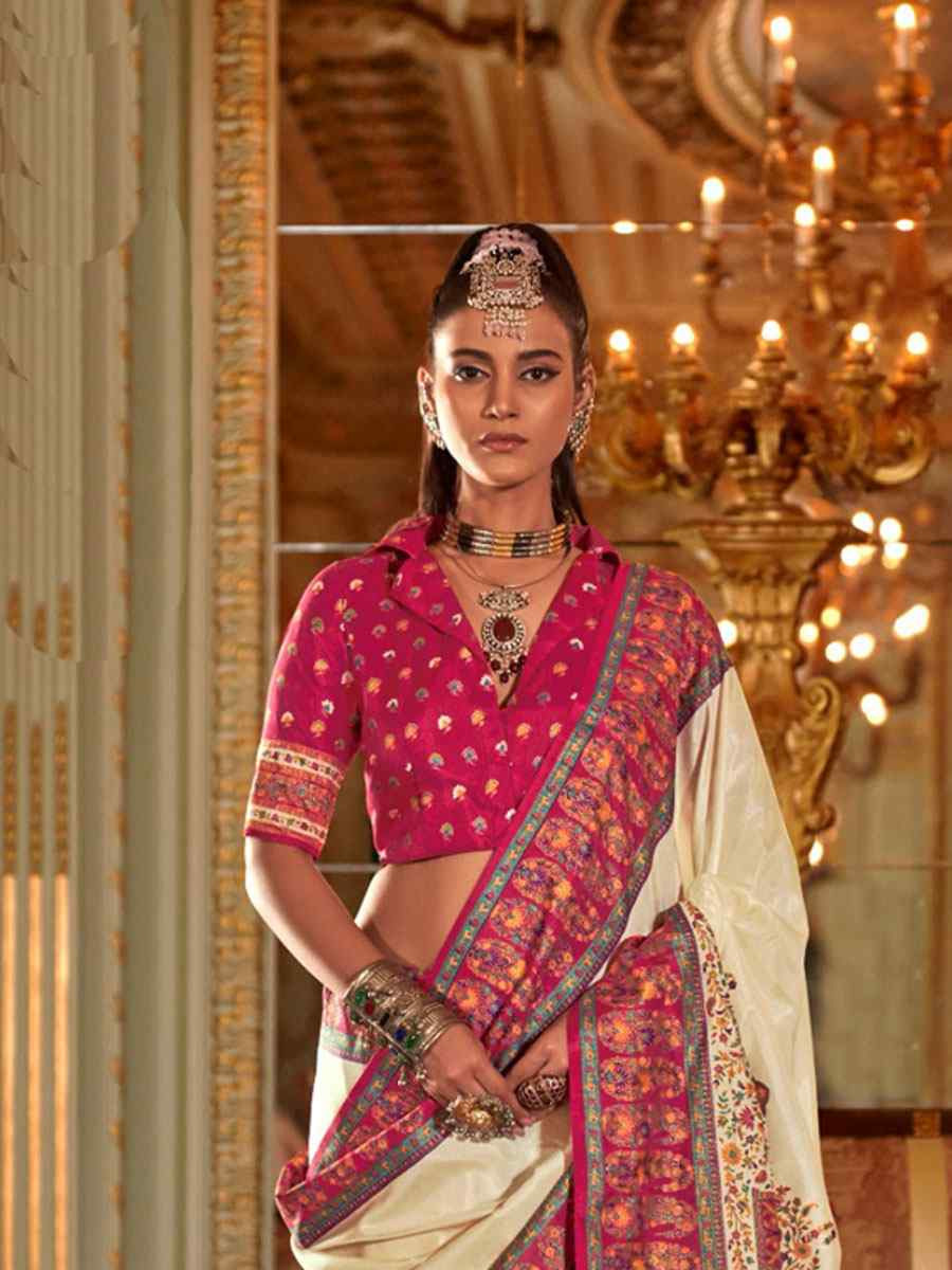 Cream Silk Printed Festival Wedding Fancy Heavy Border Saree