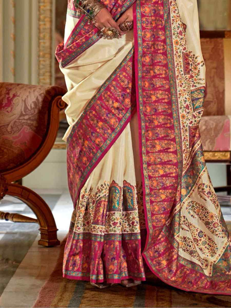 Cream Silk Printed Festival Wedding Fancy Heavy Border Saree