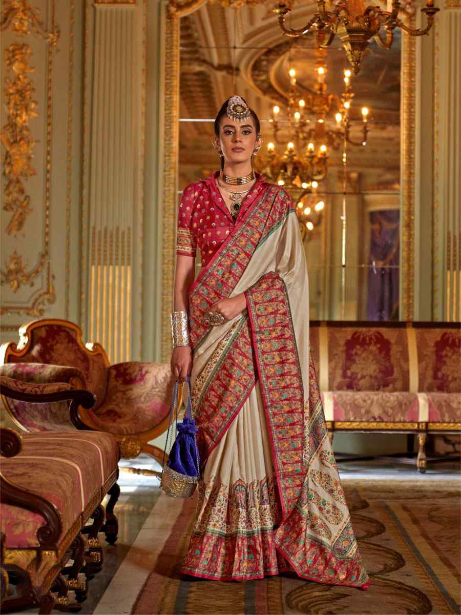 Cream Silk Printed Festival Wedding Fancy Heavy Border Saree