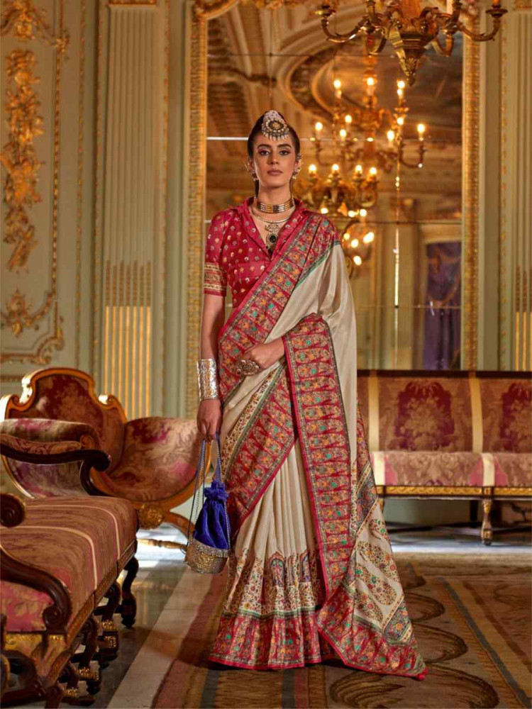 Image of Cream Silk Printed Festival Wedding Fancy Heavy Border Saree