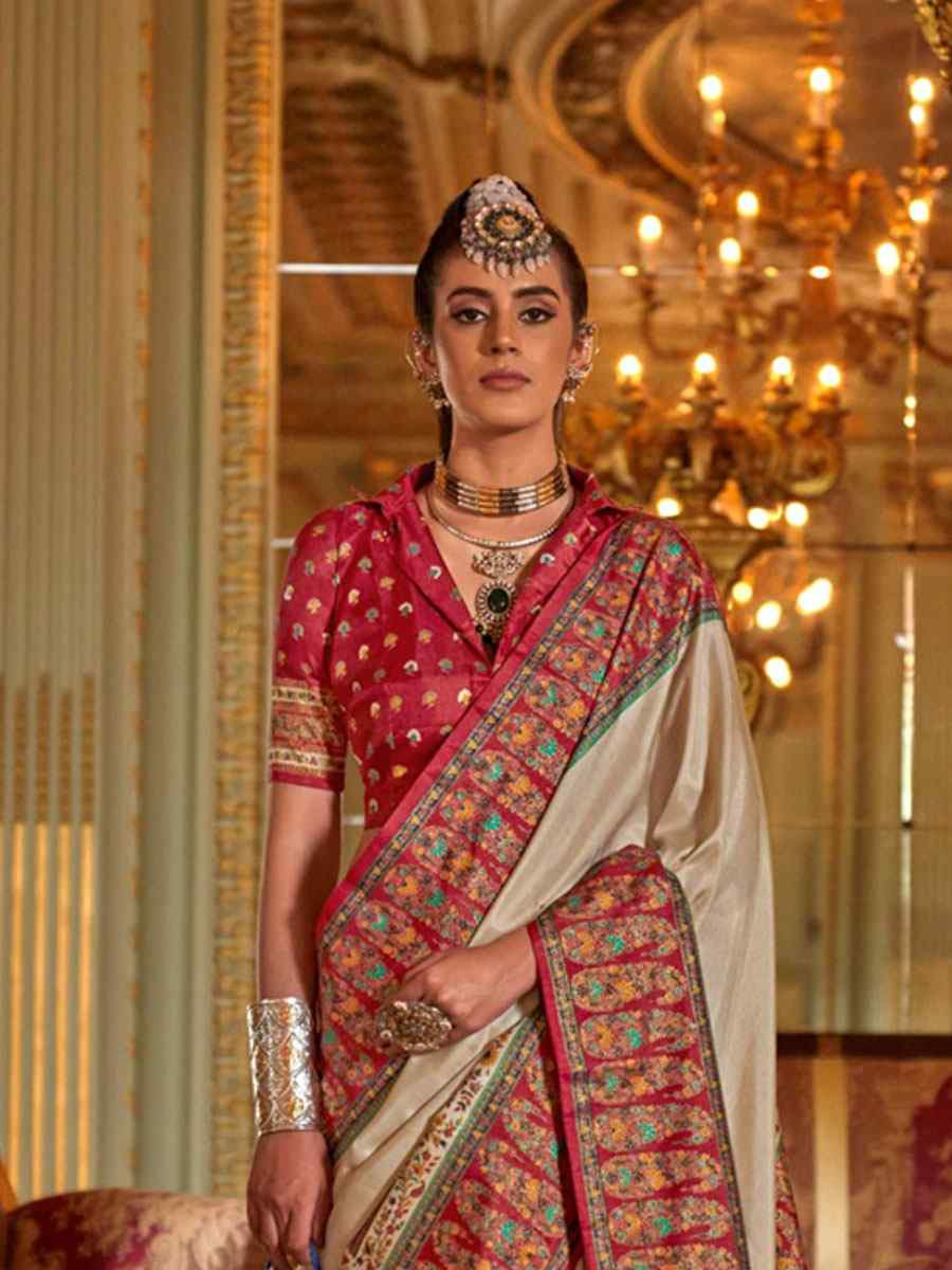 Cream Silk Printed Festival Wedding Fancy Heavy Border Saree