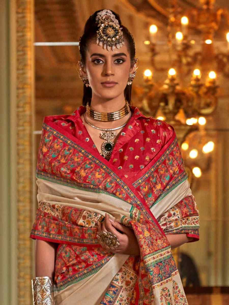 Cream Silk Printed Festival Wedding Fancy Heavy Border Saree