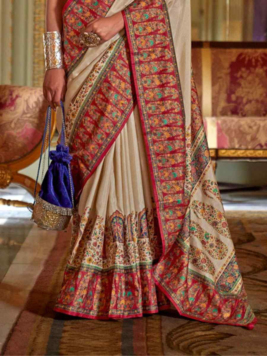 Cream Silk Printed Festival Wedding Fancy Heavy Border Saree