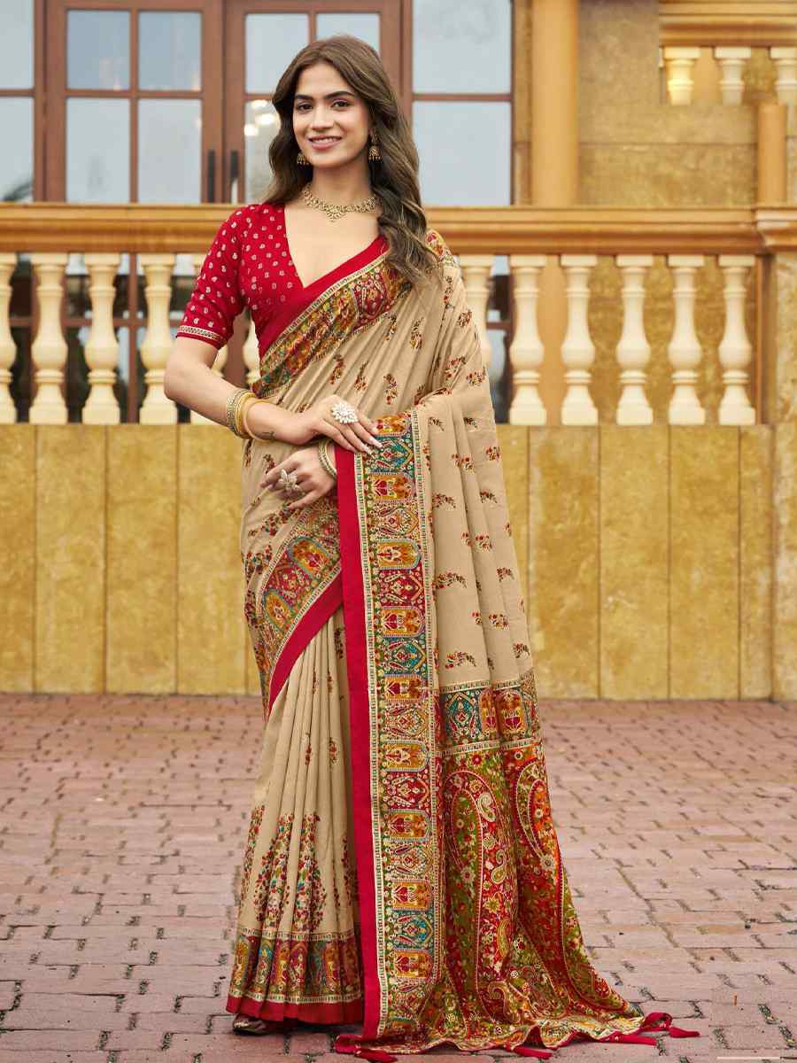 Cream Silk Printed Handwoven Traditional Bridal Reception Festival Wedding Fancy Classic Style Sarees