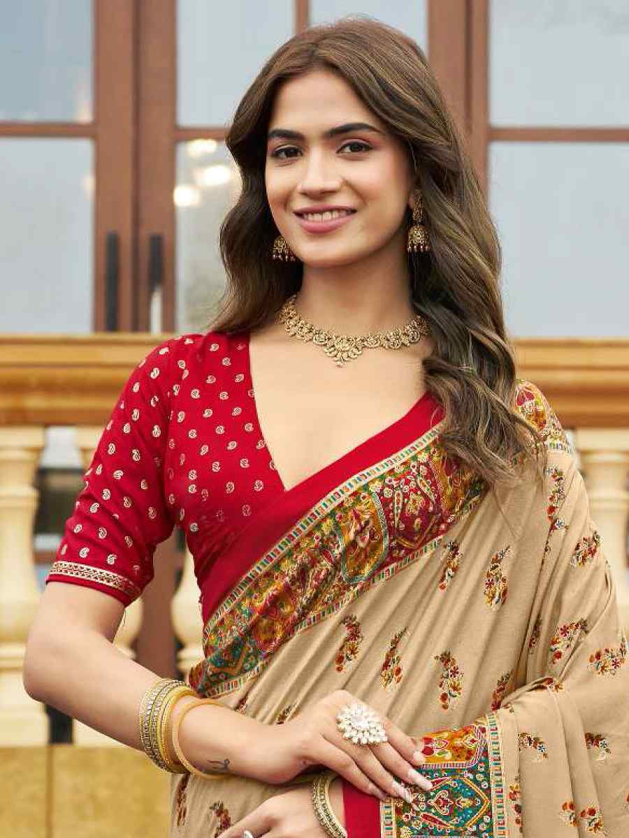 Cream Silk Printed Handwoven Traditional Bridal Reception Festival Wedding Fancy Classic Style Sarees