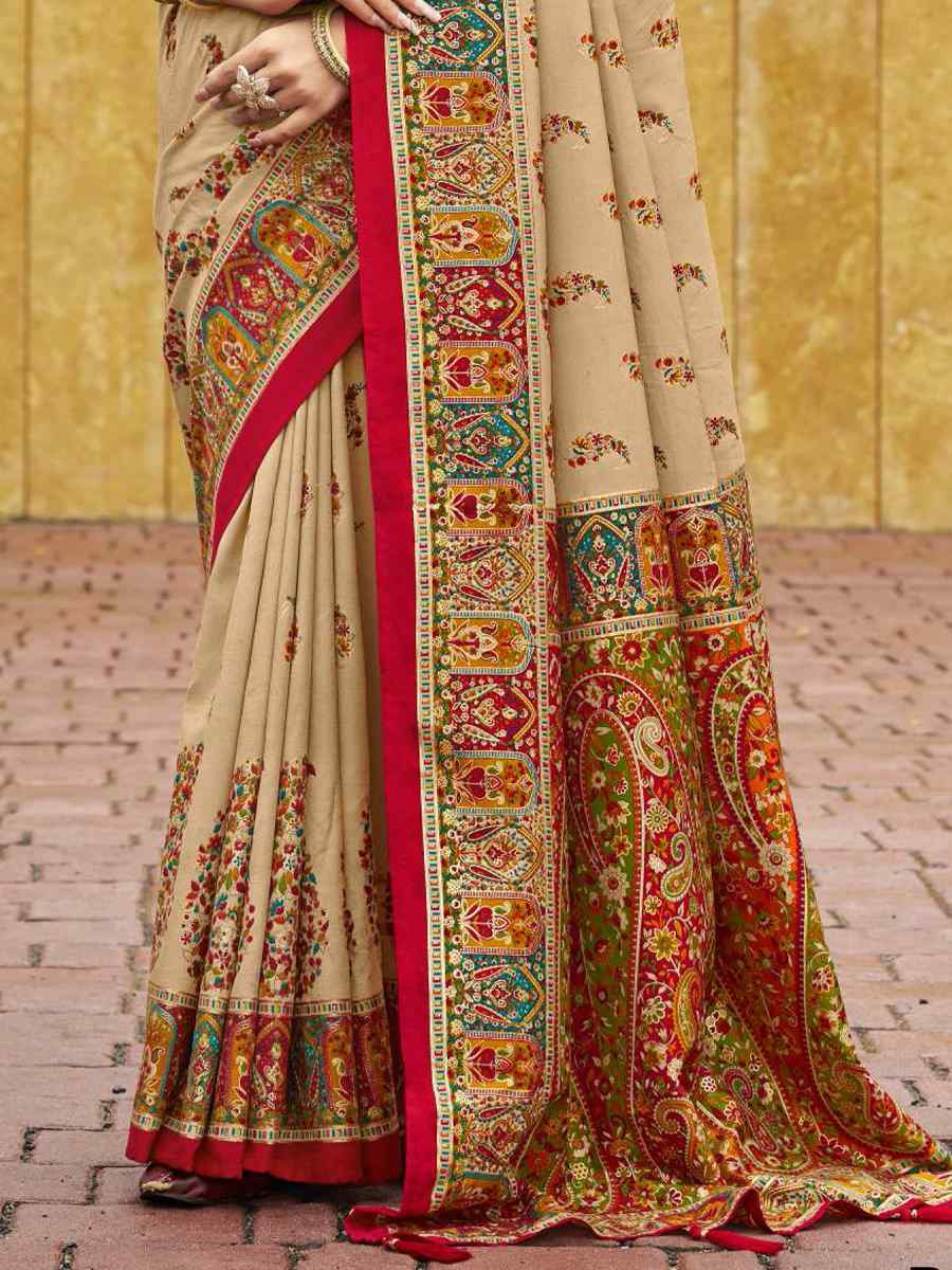 Cream Silk Printed Handwoven Traditional Bridal Reception Festival Wedding Fancy Classic Style Sarees