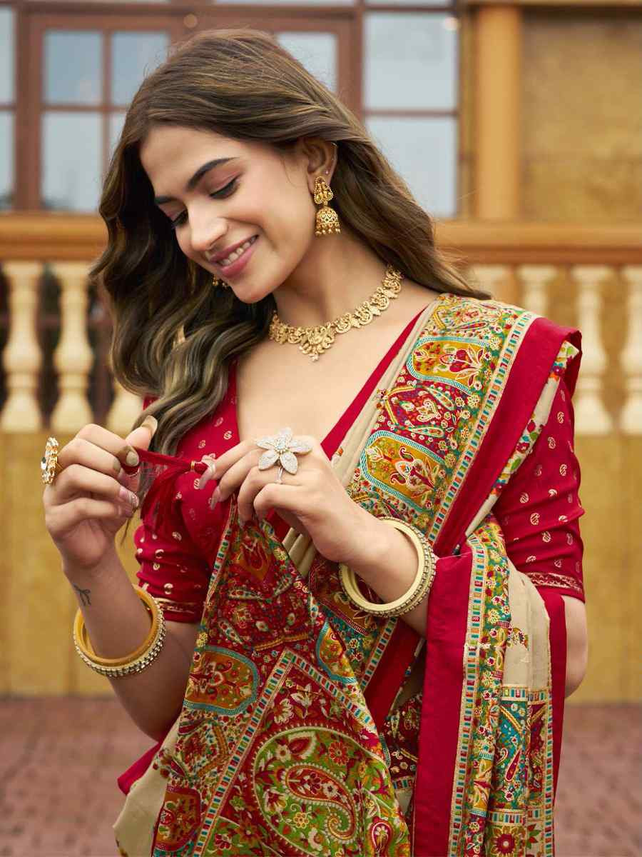 Cream Silk Printed Handwoven Traditional Bridal Reception Festival Wedding Fancy Classic Style Sarees