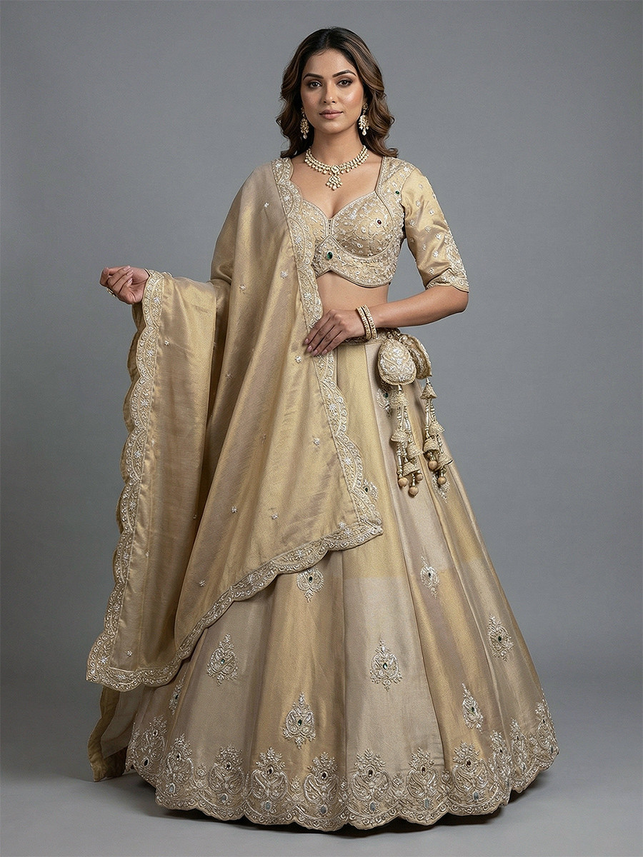Cream Silk Tissue Embroidery Wedding Reception Party Festival Heavy Border Lehenga Choli