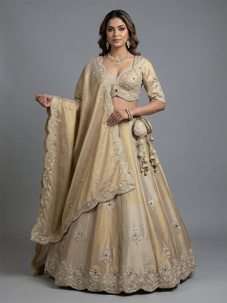 Image of Cream Silk Tissue Embroidery Wedding Reception Party Festival Heavy Border Lehenga Choli