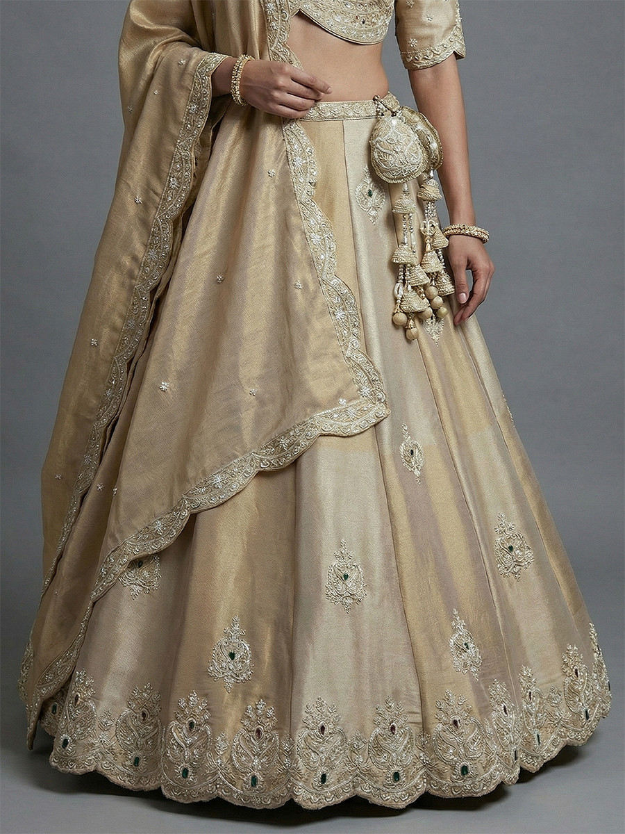 Cream Silk Tissue Embroidery Wedding Reception Party Festival Heavy Border Lehenga Choli