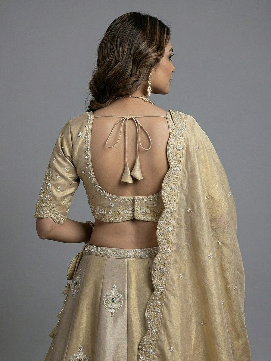 Cream Silk Tissue Embroidery Wedding Reception Party Festival Heavy Border Lehenga Choli