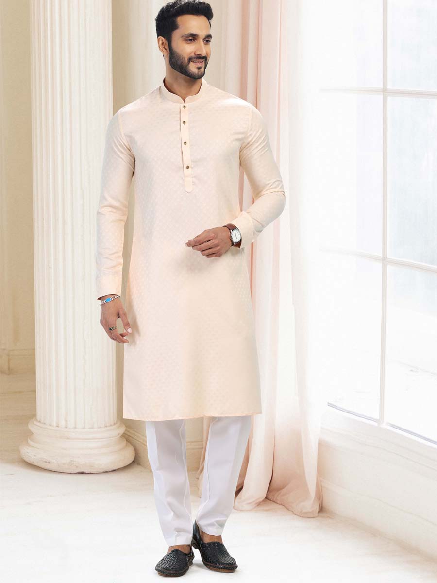 Cream Silk Woven Festival Casual Kurta