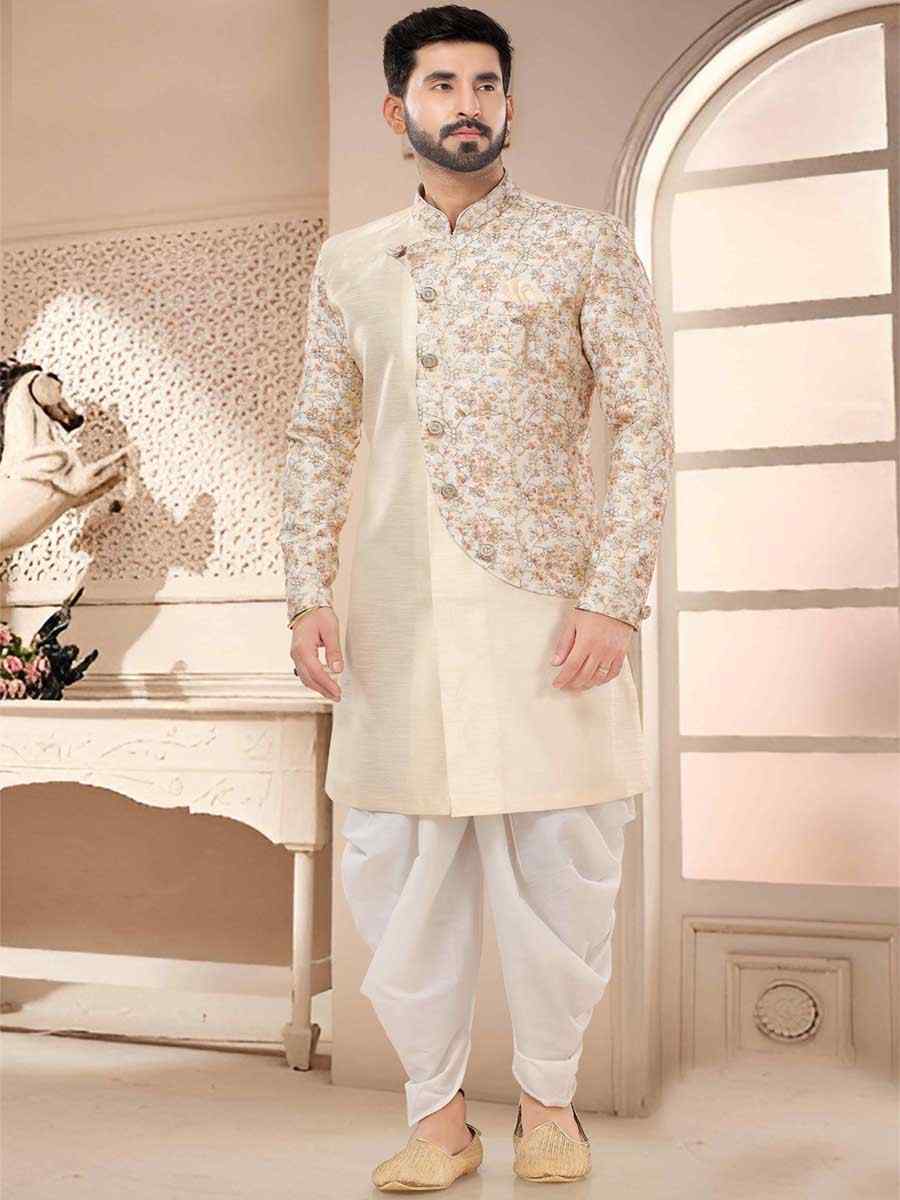 Cream Silk Woven Festival Wedding Kurta