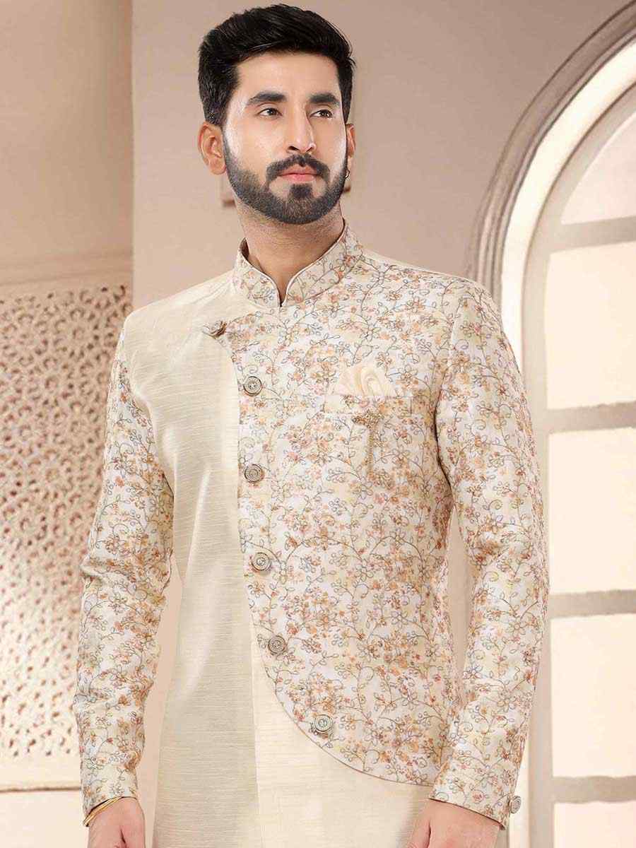 Cream Silk Woven Festival Wedding Kurta
