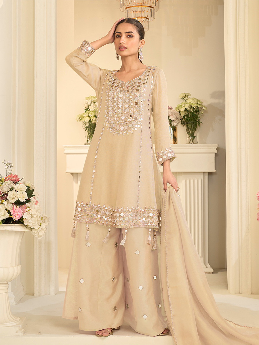 Cream Simar Silk Mirror Work Wedding Party Festival Casual Ready Palazzo Pant Salwar Kameez