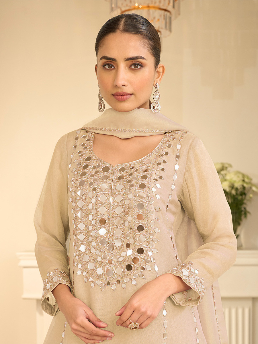 Cream Simar Silk Mirror Work Wedding Party Festival Casual Ready Palazzo Pant Salwar Kameez