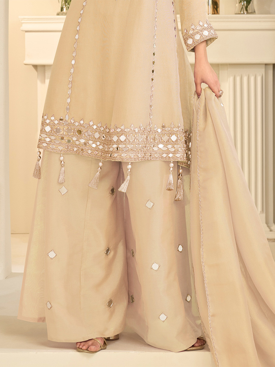 Cream Simar Silk Mirror Work Wedding Party Festival Casual Ready Palazzo Pant Salwar Kameez