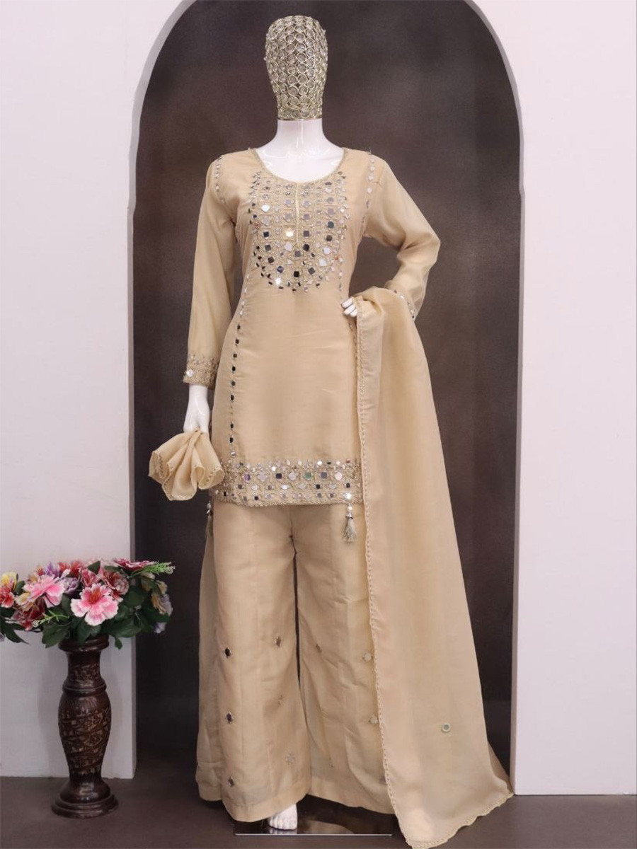 Cream Simar Silk Mirror Work Wedding Party Festival Casual Ready Palazzo Pant Salwar Kameez