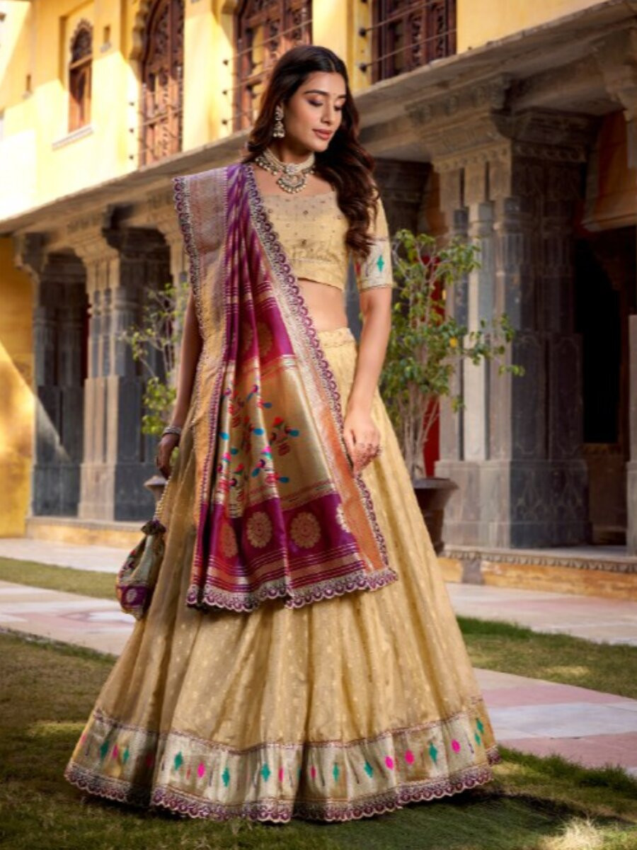 Cream Simmer Organza Zari Sequins Wedding Party Festival Circular Lehenga Choli