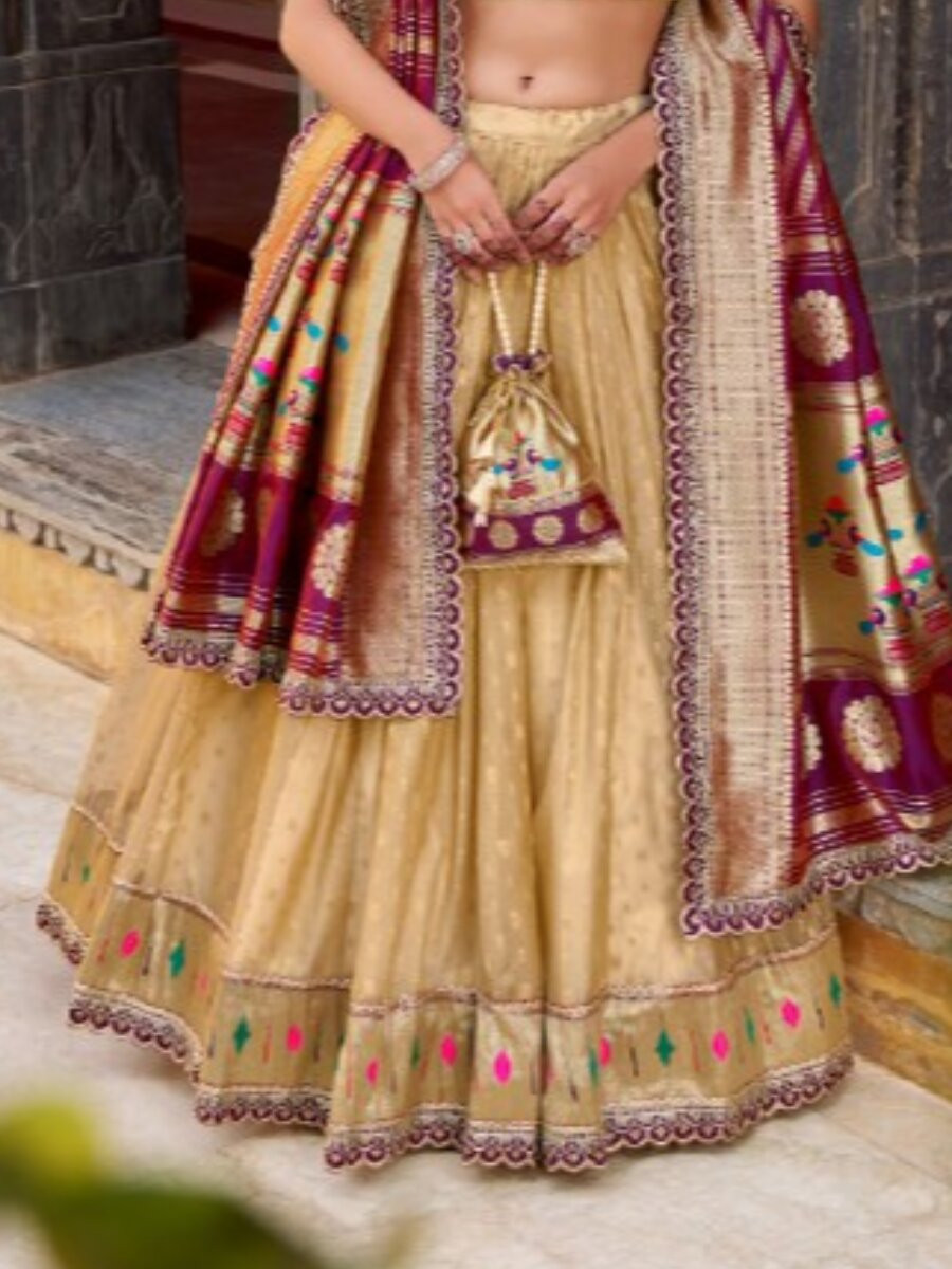 Cream Simmer Organza Zari Sequins Wedding Party Festival Circular Lehenga Choli