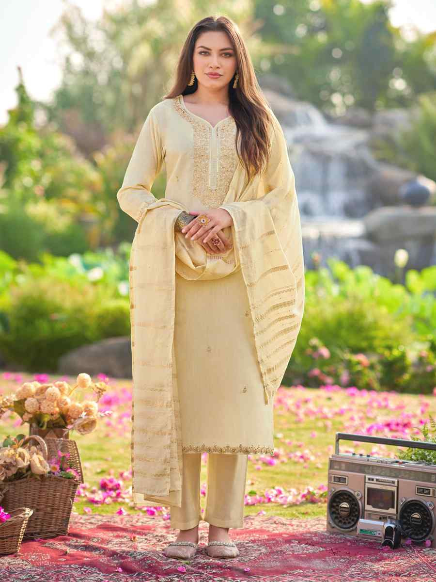 Cream Simmer Silk Embroidered Party Wedding Ready Pant Salwar Kameez