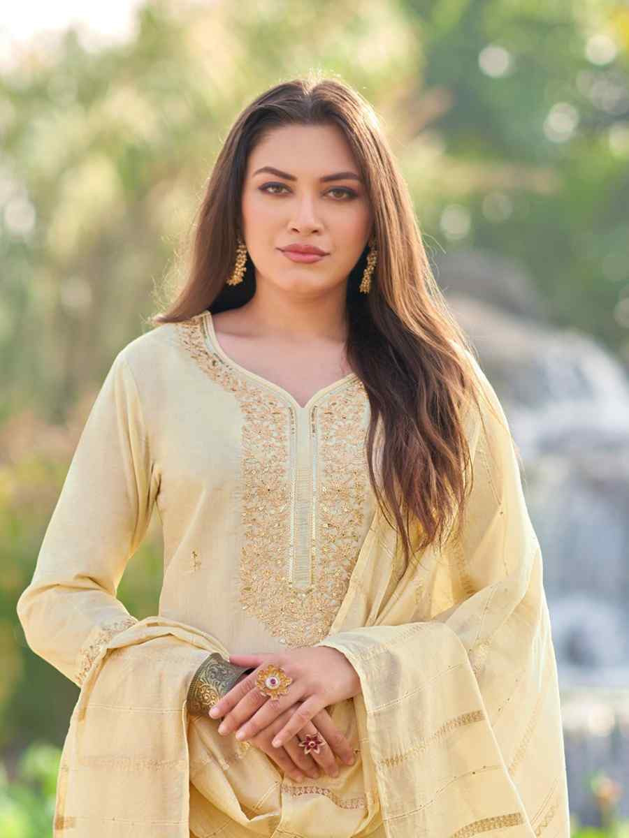 Cream Simmer Silk Embroidered Party Wedding Ready Pant Salwar Kameez