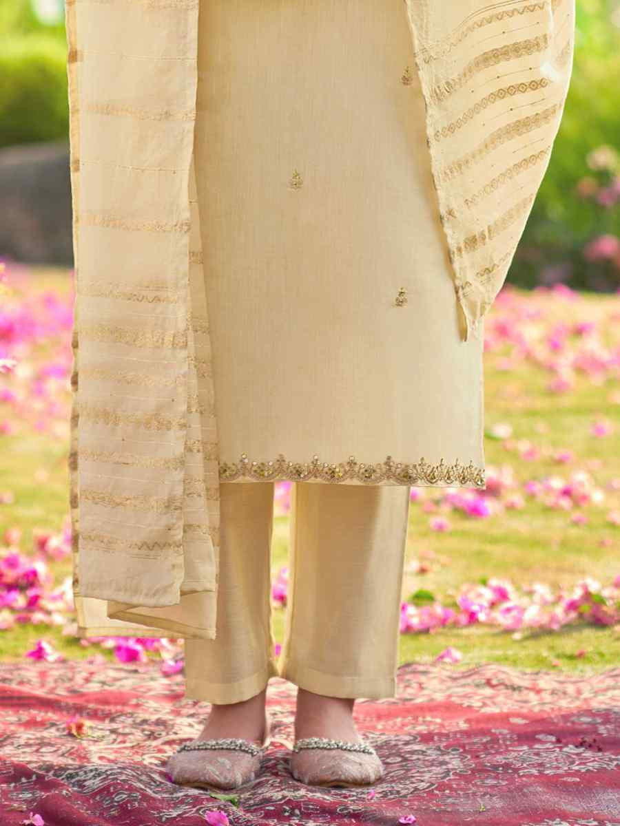 Cream Simmer Silk Embroidered Party Wedding Ready Pant Salwar Kameez