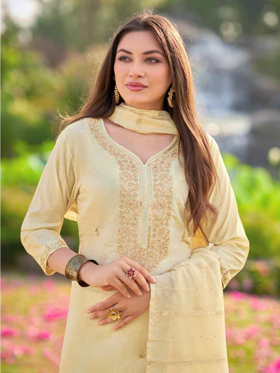 Cream Simmer Silk Embroidered Party Wedding Ready Pant Salwar Kameez